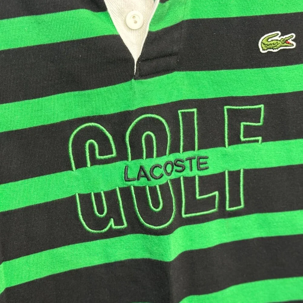 Lacoste Relaxed Fit Striped Rugby Shirt – Black & Green “GOLF” Logo XS 34